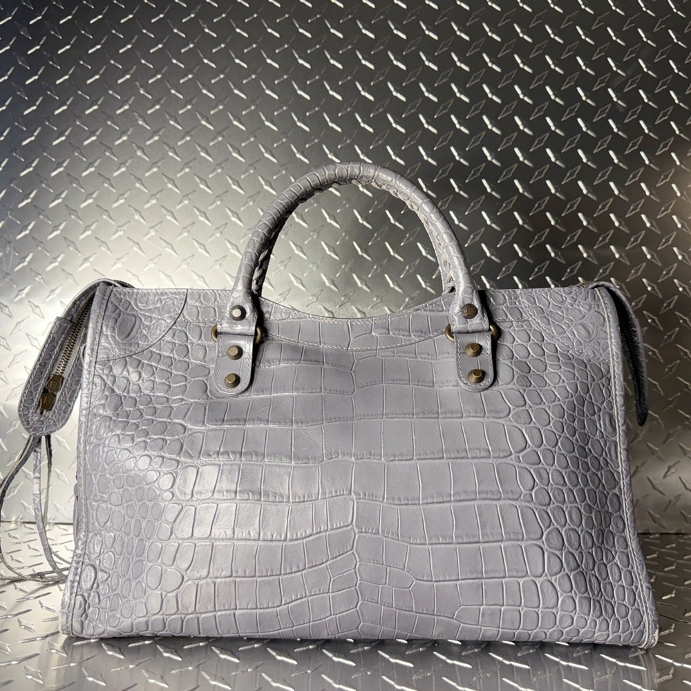 Balenciaga Croc Embossed Moto Medium City Bag in Grey - Picture 3 of 10